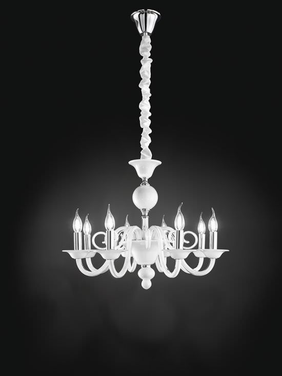 Lustre en métal et verre blanc 8 lumière Lustre en métal et verre blanc 8 lumière