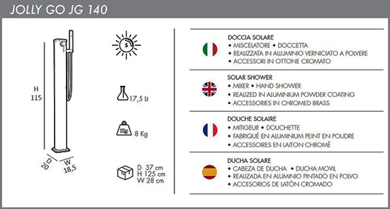 Docce portatile a riscaldamento solare Jolly Go JG140 con Miscelatore e Doccetta