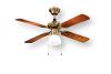 Ceiling fan with metal light, burnished brass colour Diameter 105 x H. 42cm 4 two-colour blades Light kit 1xE27 Max 60W Motor power 50W Chain control Ordering remote control Reversible rotation Ceiling fan on offer Perenz