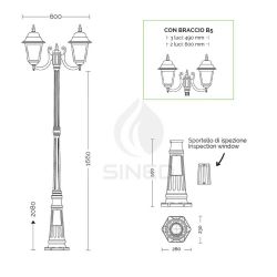 Lampione Alto 208 Cm e 2 Lanterne Athena